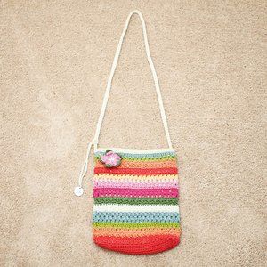 The Sak Crochet Crossbody Bag Summer Stripe Flower Accent Zip Top Inner Pocket
